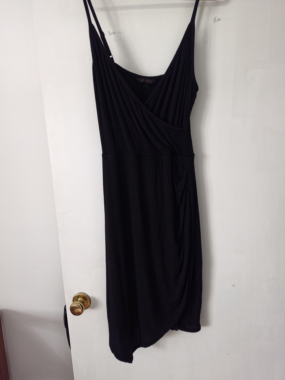 GOLDRAY Black faux Wrap, Midi Dress, Asymmetrical Hem, Spaghetti Straps, Size m